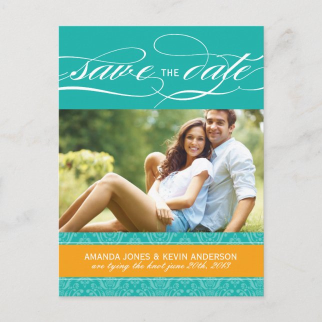 Jade and Orange Damask Save the Date Announcement Postcard (Front)