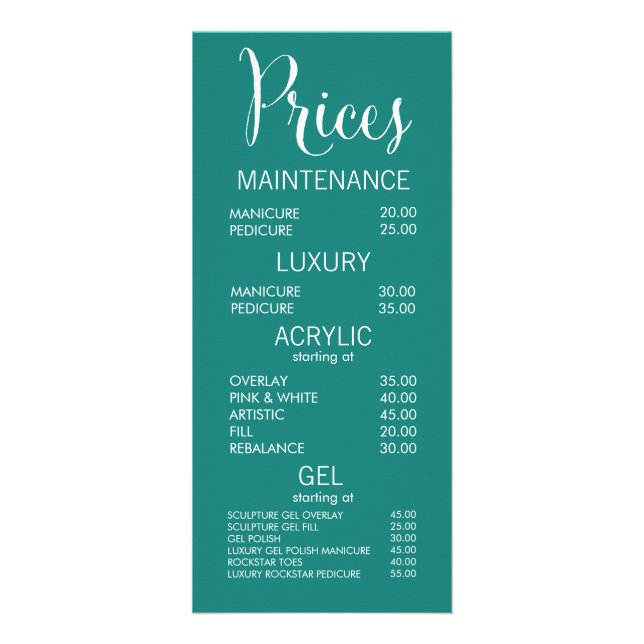 Jade Beauty Salon Menu Price List Cards (Front)