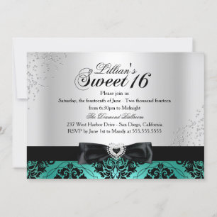 Jade Black Damask Sparkle Sweet 16 Invitation