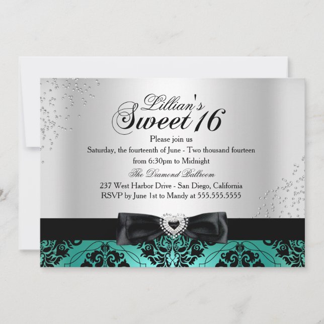 Jade Black Damask Sparkle Sweet 16 Invite (Front)