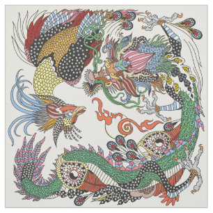Jade Dragon and Gold Phoenix playing with a pearl Fabric