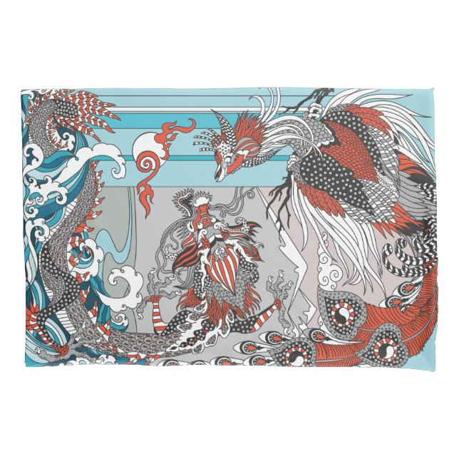 Jade Dragon and Gold Phoenix playing with a pearl  Pillowcase (Front)