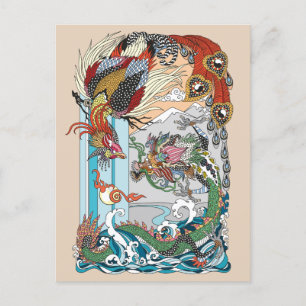 Jade Dragon and Gold Phoenix playing with a pearl Postcard