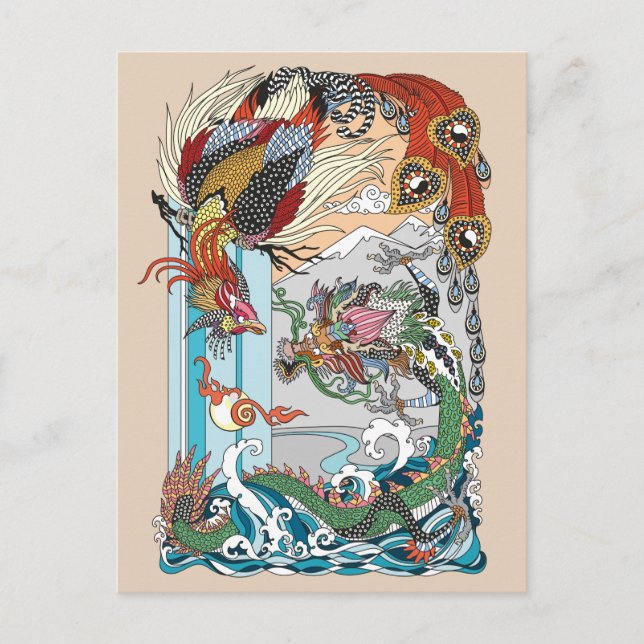 Jade Dragon and Gold Phoenix playing with a pearl Postcard (Front)