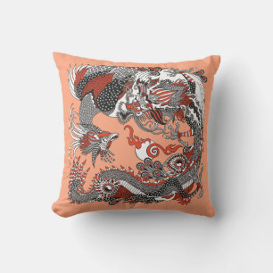 Jade Dragon and Gold Phoenix playing with a pearl  Throw Pillow