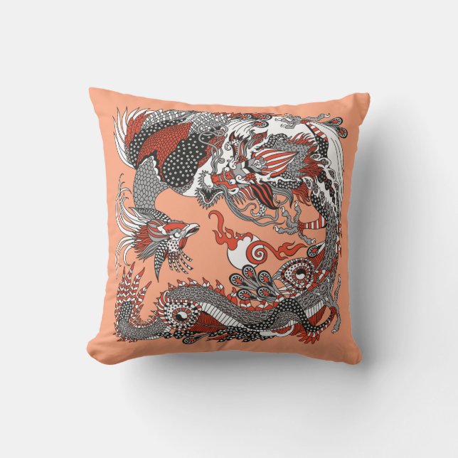 Jade Dragon and Gold Phoenix playing with a pearl  Throw Pillow (Front)