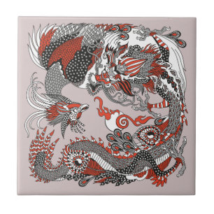 Jade Dragon and Gold Phoenix playing with a pearl  Tile