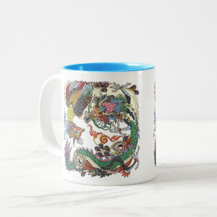 Jade Dragon and Gold Phoenix playing with a pearl  Two-Tone Coffee Mug