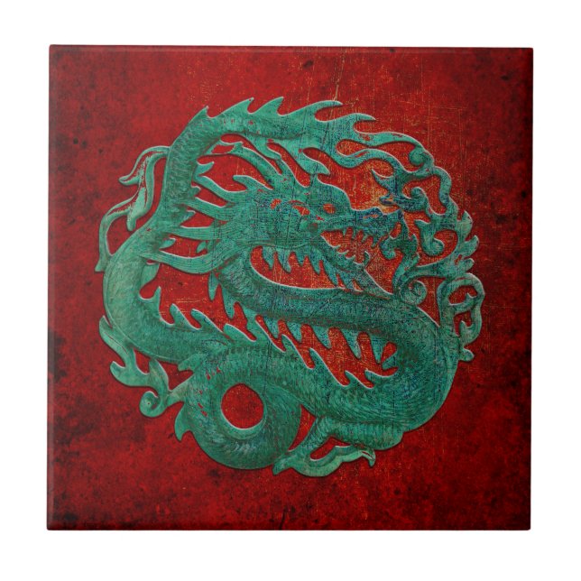 Jade Dragon Carving On A Red Background Tile (Front)