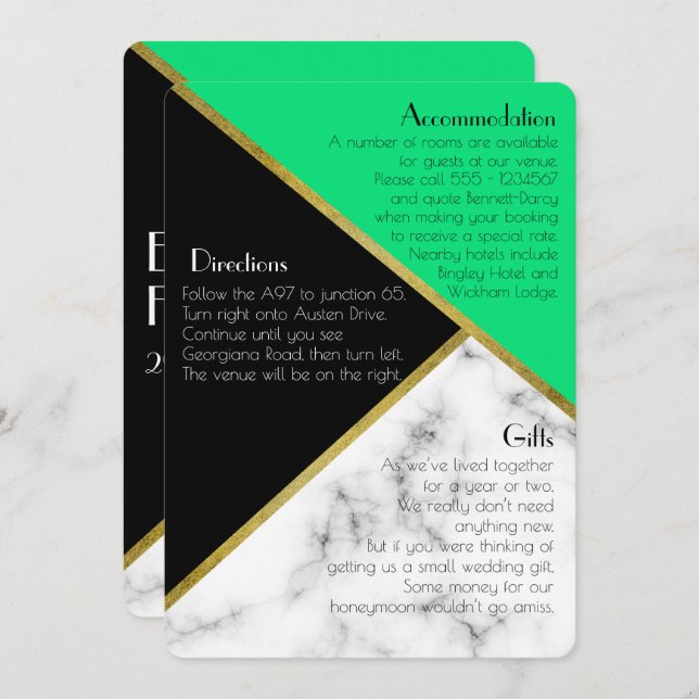 Jade Green Art Deco Wedding Additional Information Invitation (Front/Back)