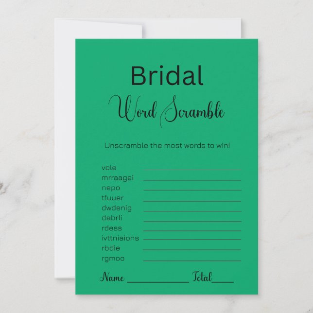 Jade Green Bridal Word Scramble Game Invitation (Front)