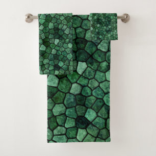 Jade Green Cobbled Patchwork Terrazo Pattern Bath Towel Set