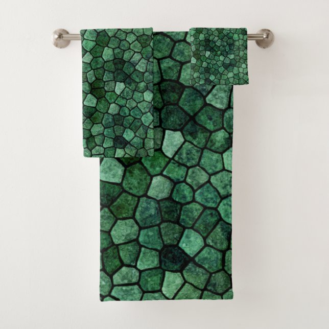 Jade Green Cobbled Patchwork Terrazo Pattern Bath Towel Set (Insitu)