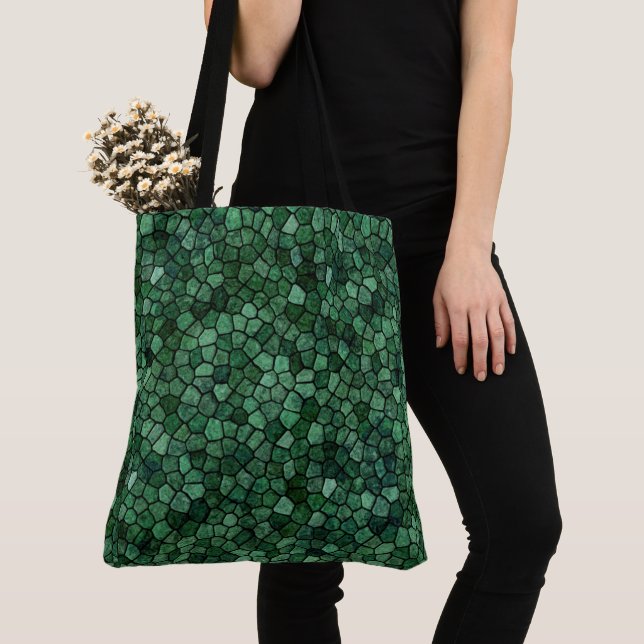 Jade Green Cobbled Patchwork Terrazo Pattern Tote Bag (Close Up)