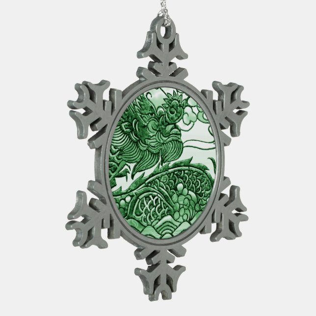 Jade Green Dragon Medallion Snowflake Pewter Christmas Ornament (Left)