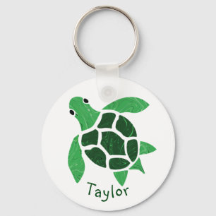 Jade Green Sea Turtle Mosaic with Name Keychain