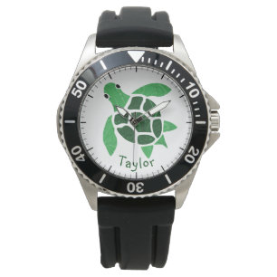 Jade Green Sea Turtle Mosaic with Name Watch