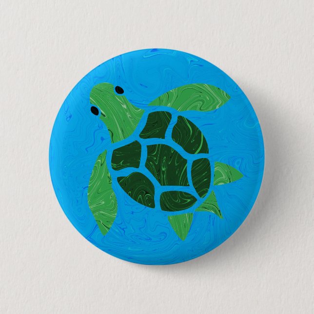 Jade Green Sea Turtle on Marble Ocean Blue 2 Inch Round Button (Front)