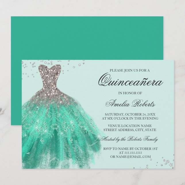 Jade Green Sparkle robe Quinceanera Invitation (Devant / Derrière)