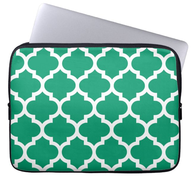 Jade Green White Moroccan Quatrefoil Pattern #5 Laptop Sleeve (Front)