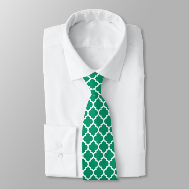 Jade Green White Moroccan Quatrefoil Pattern #5 Tie (Tied)