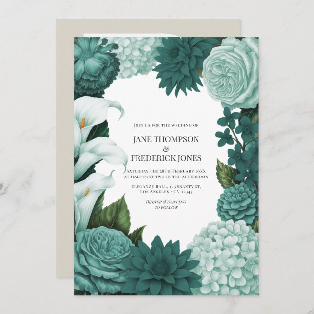 Jade Haze, Alpine Teal & Snow Mint Floral Wedding Invitation (Front/Back)