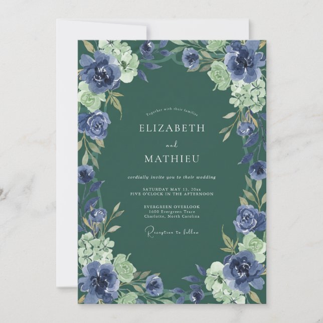 Jade Indigo Blossom Wedding Invitation (Front)