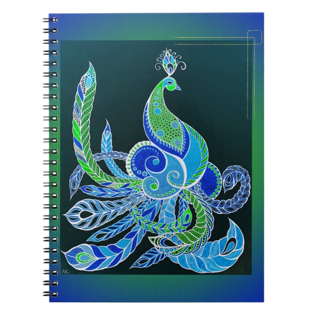Jade Majesty Elegant Green and blue peacock  Notebook (Front)