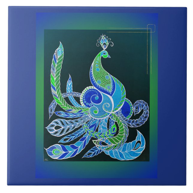 Jade Majesty Elegant Green and blue peacock  Tile (Front)