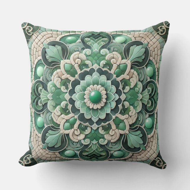 Jade Mandala: Fresh Gradient Mosaic Throw Pillow (Front)
