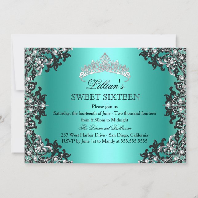 Jade Silver Black Damask Tiara Sweet 16 Invite (Front)