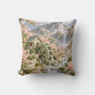 Jade Waterwheel Blossom Garden Mountain Waterfall Throw Pillow