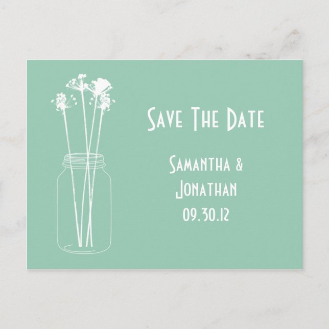 Jade White Mason Jar Wildflowers Save The Date Announcement Postcard (Front)