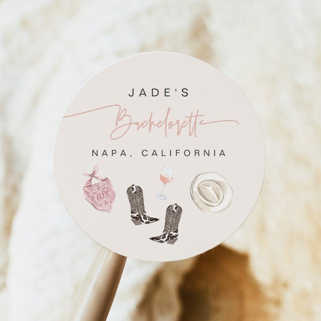 JADE Wine Cowgirl Country Bachelorette Itinerary Classic Round Sticker (Creator Uploaded)
