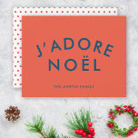 J'adore Noel | Modern Love Christmas Red and Navy Holiday Card<br><div class="desc">Simple, stylish J'adore Noel" quote art flat holiday card with modern, minimalist typography in navy blue on a coral red background in a trendy festive style. The reverse features a fun red polka dot pattern. The quote translates to "I love christmas" in French. The greeting, name and year can be...</div>
