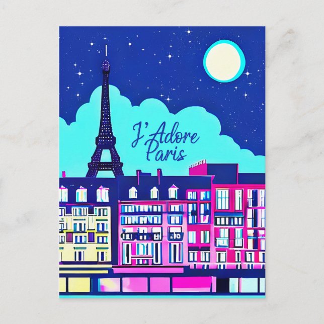J'adore Paris - Fantasy Paris Under a Full Moon Postcard (Front)