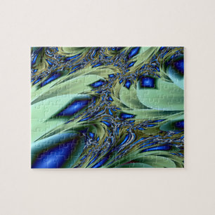 Jagged Green and Blue Fractal Art Jigsaw Puzzle