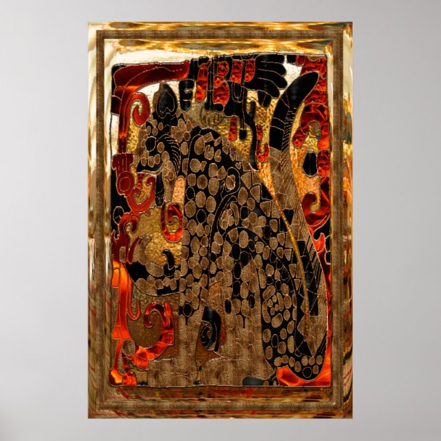 Jaguar AZTEC Gold & Red Foil Folk Art Poster (Front)