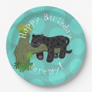 Jaguar black panther personalized cartoon birthday paper plate