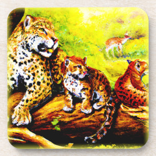 Jaguar Mom and Cubs Relaxing in Jungle. Buy Now Coaster