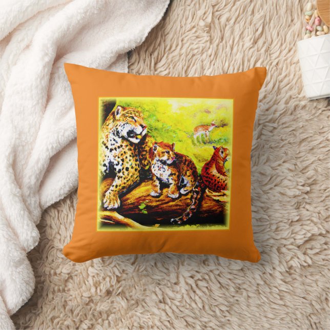 Jaguar Mom and Cubs Relaxing in Jungle. Buy Now Throw Pillow (Blanket)
