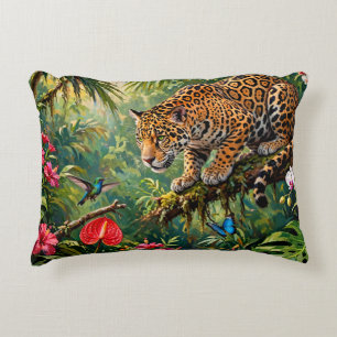 Jaguar Rainforest Hummingbird Butterflies Flowers Accent Pillow