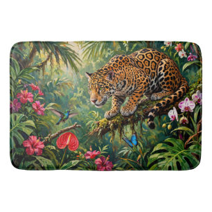 Jaguar Rainforest Hummingbird Butterflies Flowers Bath Mat