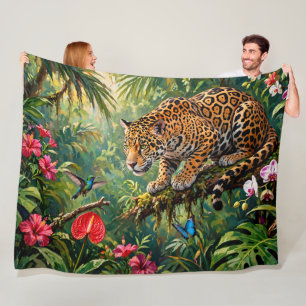 Jaguar Rainforest Hummingbird Butterflies Flowers Fleece Blanket