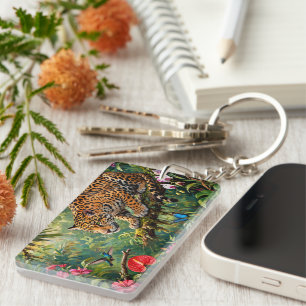 Jaguar Rainforest Hummingbird Butterflies Flowers Keychain