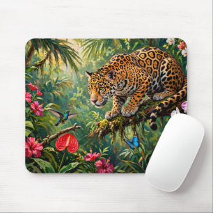 Jaguar Rainforest Hummingbird Butterflies Flowers Mouse Pad