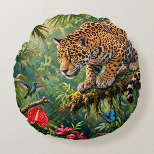 Jaguar Rainforest Hummingbird Butterflies Flowers Round Pillow