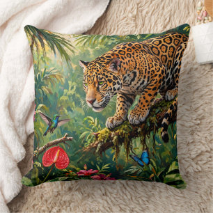 Jaguar Rainforest Hummingbird Butterflies Flowers Throw Pillow
