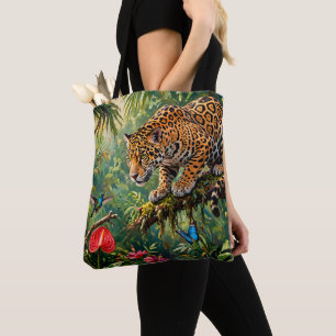 Jaguar Rainforest Hummingbird Butterflies Flowers Tote Bag