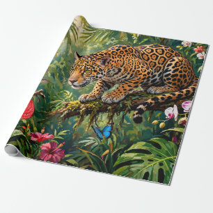 Jaguar Rainforest Hummingbird Butterflies Flowers Wrapping Paper